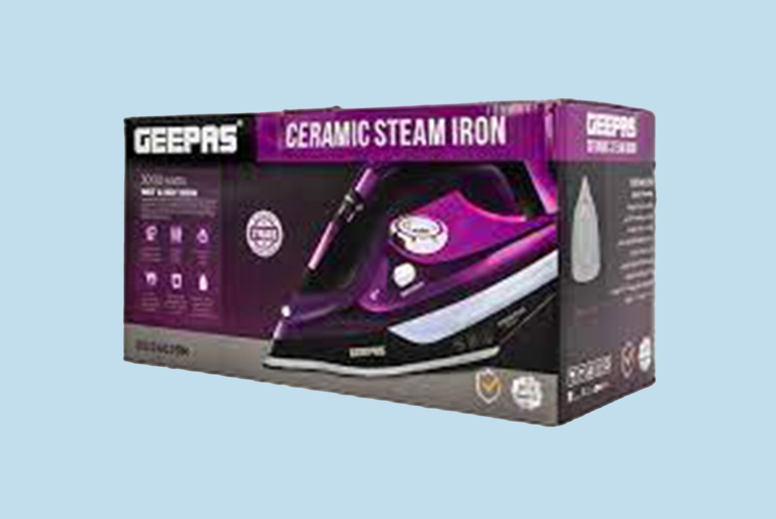 GEEPAS Steam Iron | Clothes Dry & Steam Press | 35s Fast Heat-Up, Vertical Steaming | Ceramic Soleplate & Adjustable Temperature | 480ml Water Tank 0.9g/Steam Output | 3000W Purple
