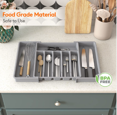 Expandable Drawer Organizer Utensil Tray for Kitchen Organizers and Storage (Grey)