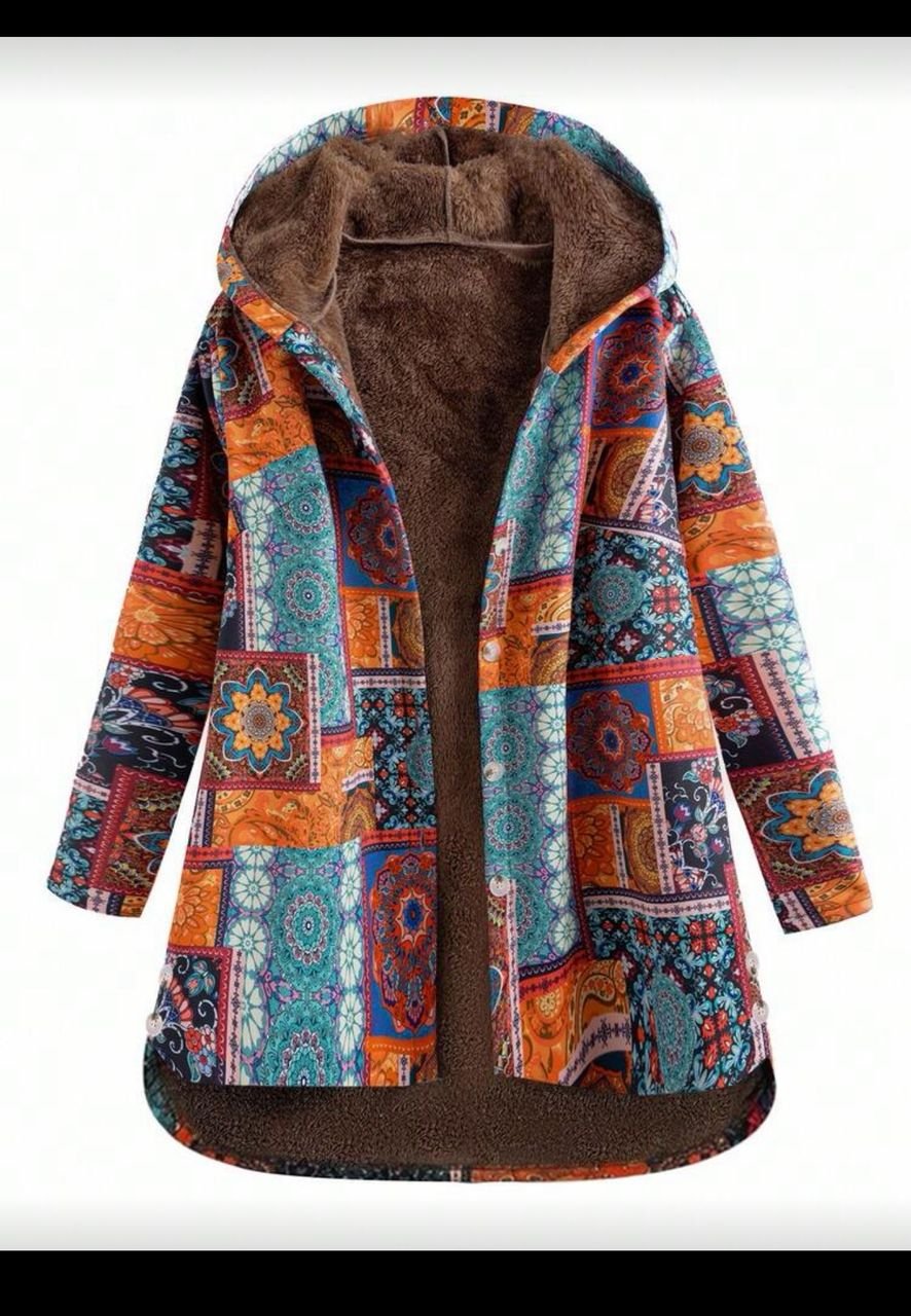 Women casual floral print fleece lined hooded button up jacket winter fall autumn