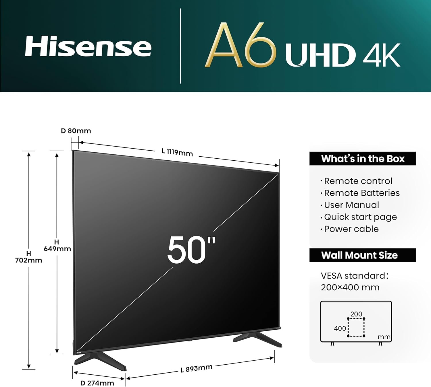 Hisense 50A6Q | 50″ UHD 4K VIDAA Smart TV
