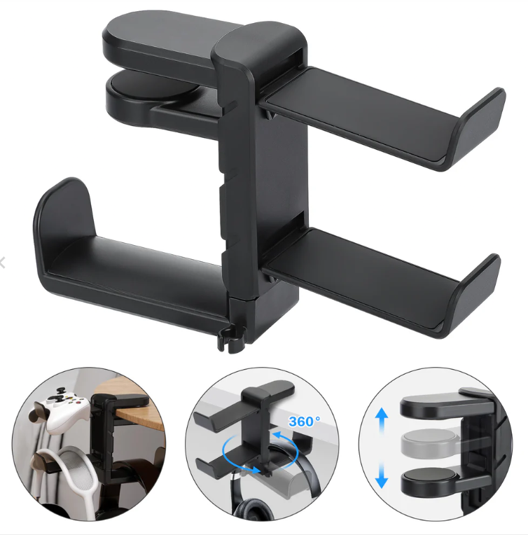 3 in 1 Headphone/Controller/Headsets Holder , 360 Rotatable Clamp-on (Black)
