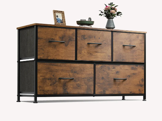 5-Drawer Fabric Storage Cabinet for Closet or Dressing Table – Burning Wood Finish